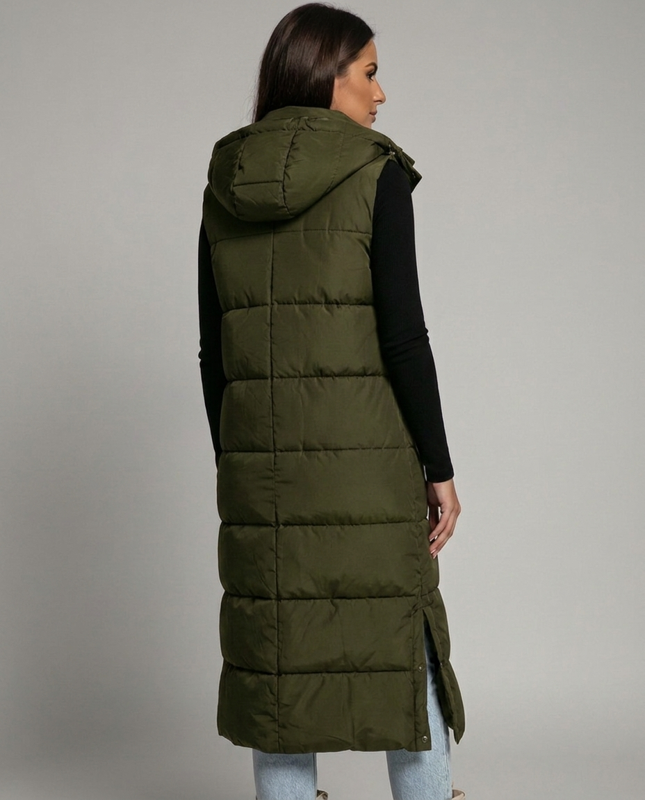 Sabine Hooded Quilted Longline Puffer Vest - Army Green - back