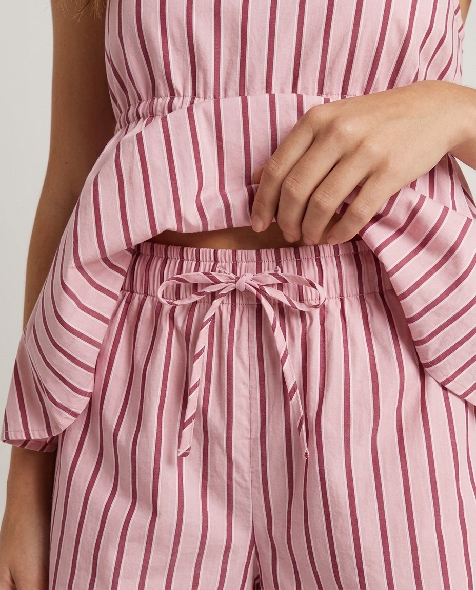 Wren Ruched Halter Peplum Top & Shorts Set - Berry Stripe - detail