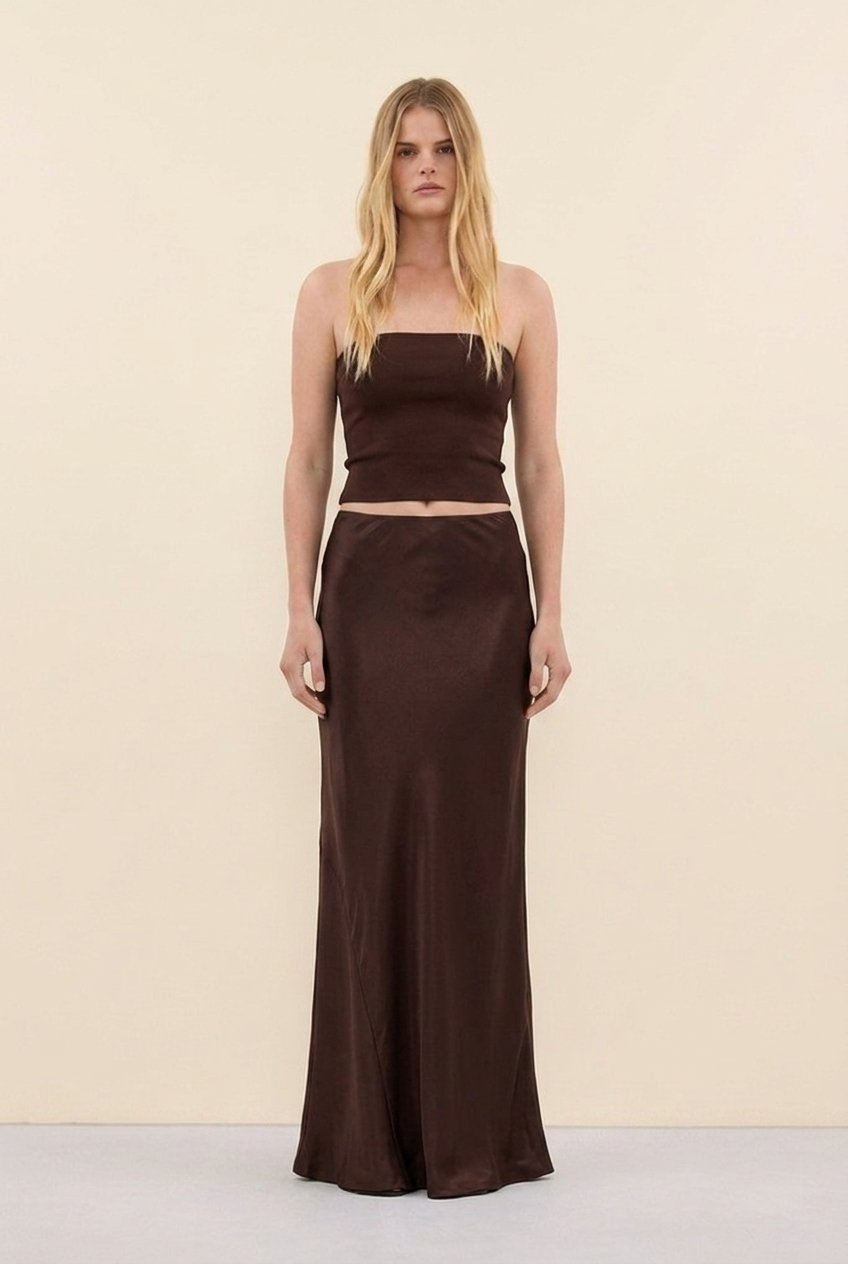 Vienna Bias-Cut Satin Maxi Skirt - Bitter Chocolate front