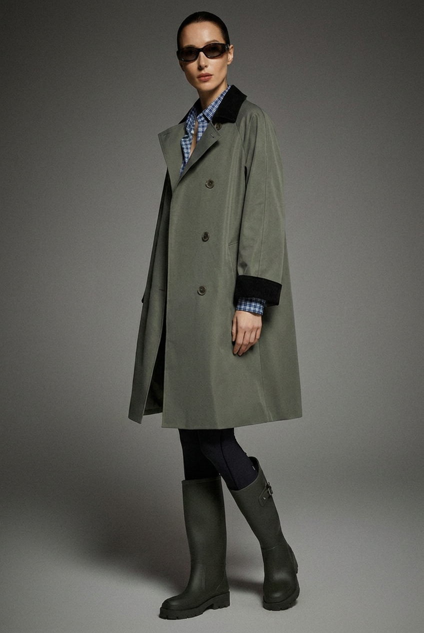 Reese Corduroy-Trim Oversized Trench Coat - Green - front