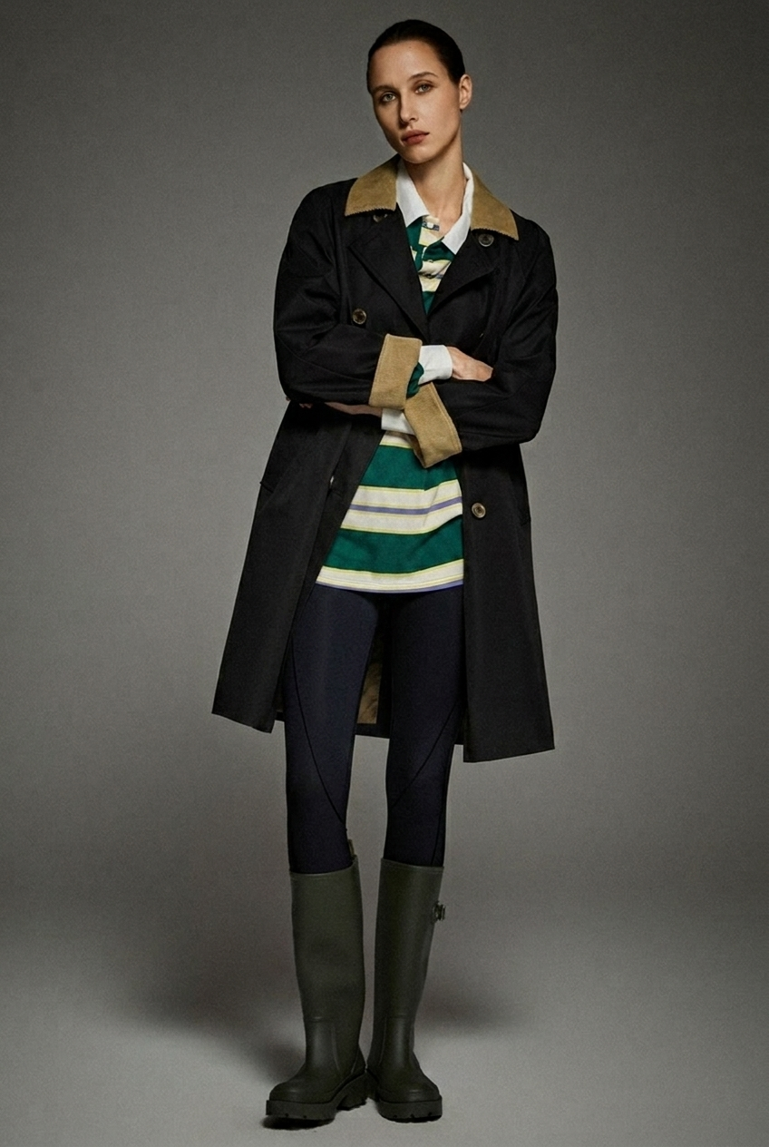Reese Corduroy-Trim Oversized Trench Coat - Black - front