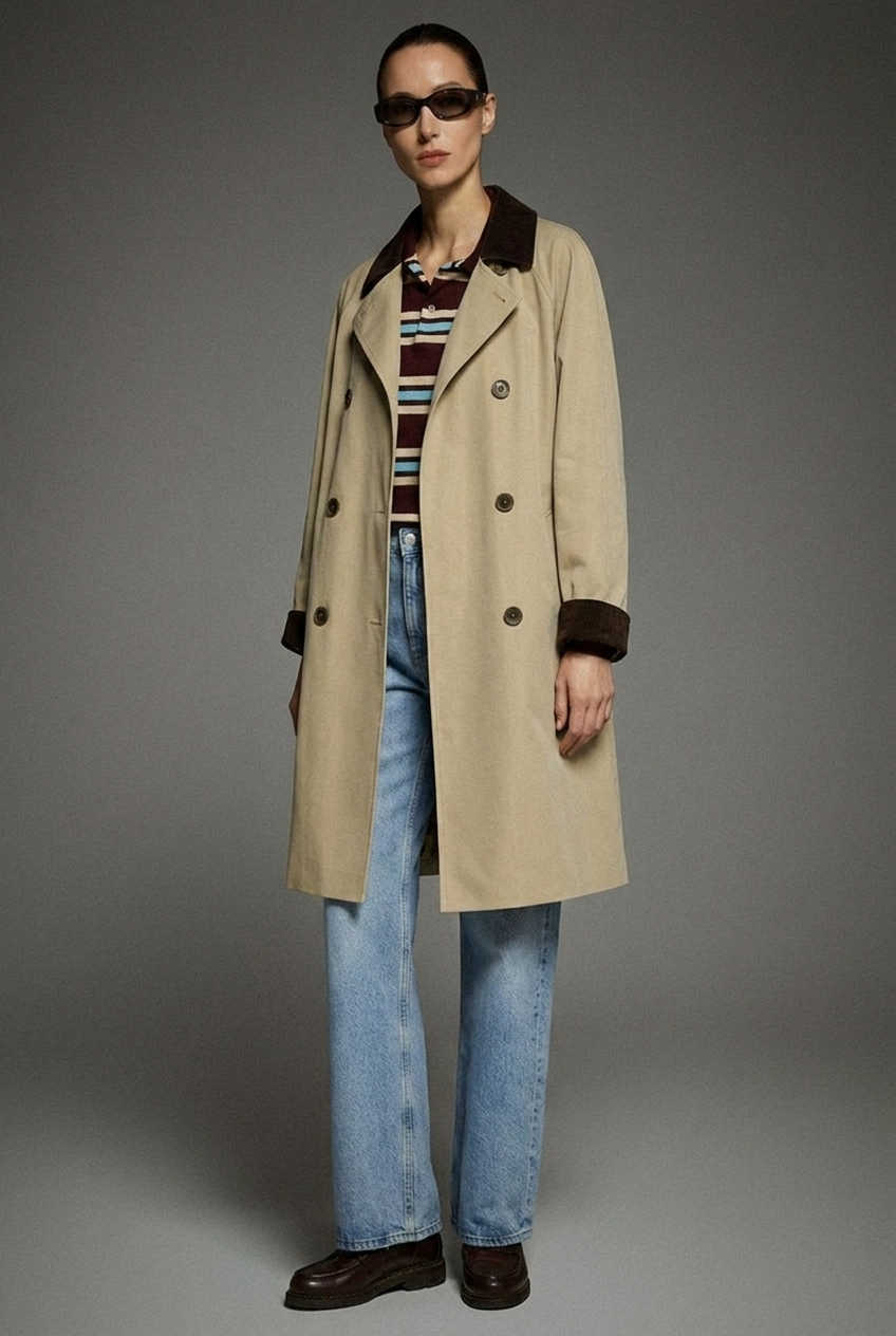 Reese Corduroy-Trim Oversized Trench Coat - Khaki - front