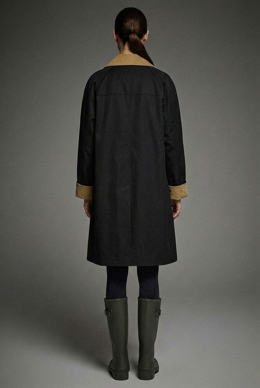 Reese Corduroy-Trim Oversized Trench Coat - Black - back