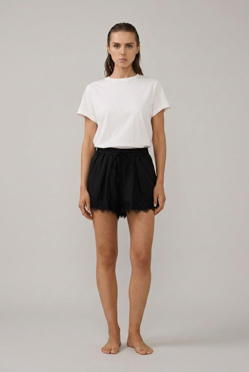 Marlowe Cupro Lace-Trim Drawstring Shorts in Black, front view