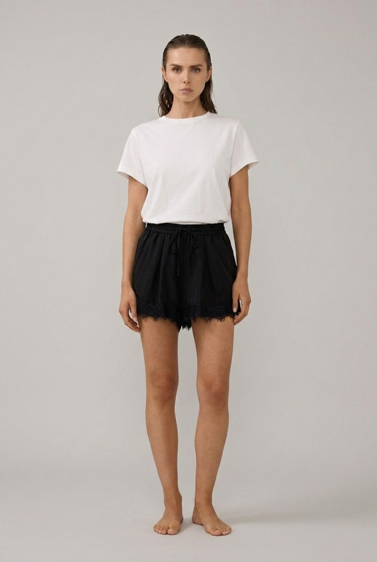 Marlowe Cupro Lace-Trim Drawstring Shorts in Black, front view