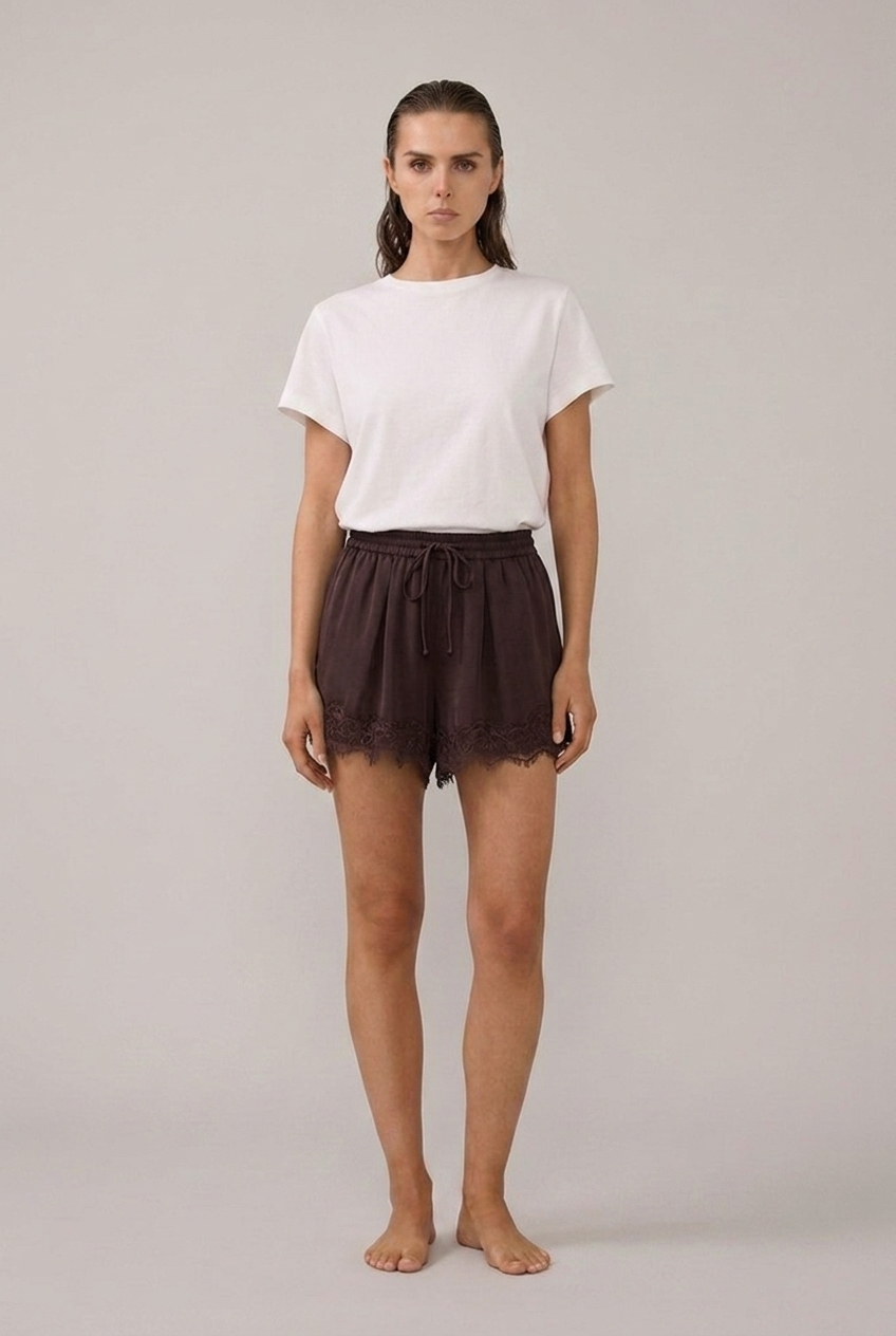 Marlowe Cupro Lace-Trim Drawstring Shorts in Plum Choc, front view