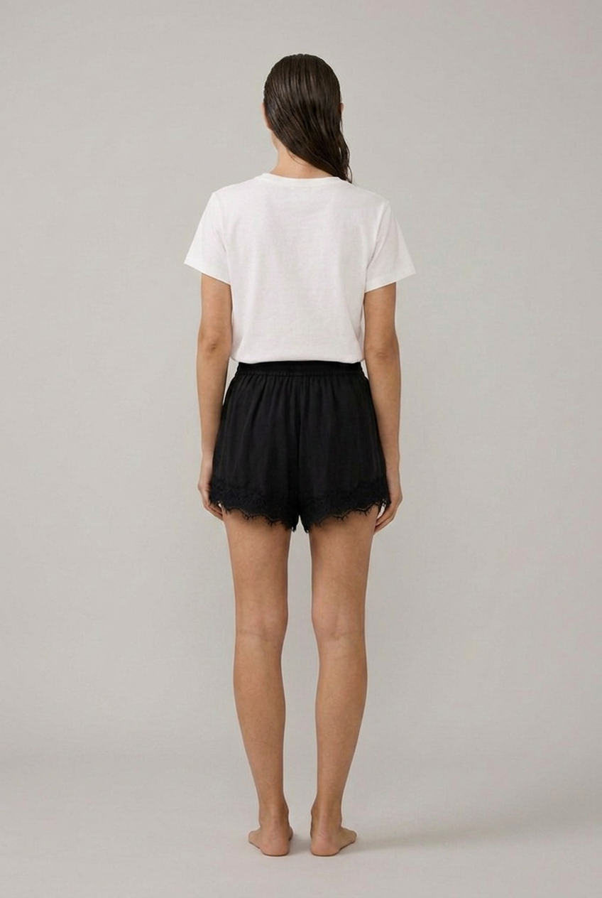 Marlowe Cupro Lace-Trim Drawstring Shorts in Black, back view