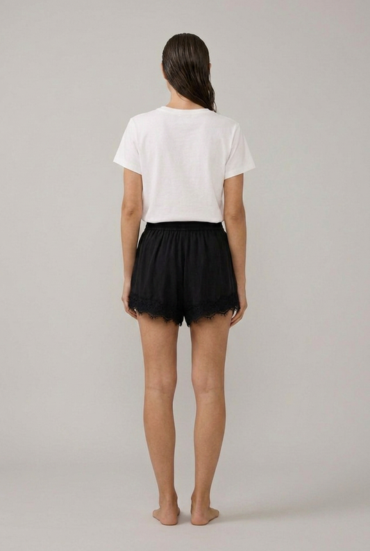 Marlowe Cupro Lace-Trim Drawstring Shorts in Black, back view
