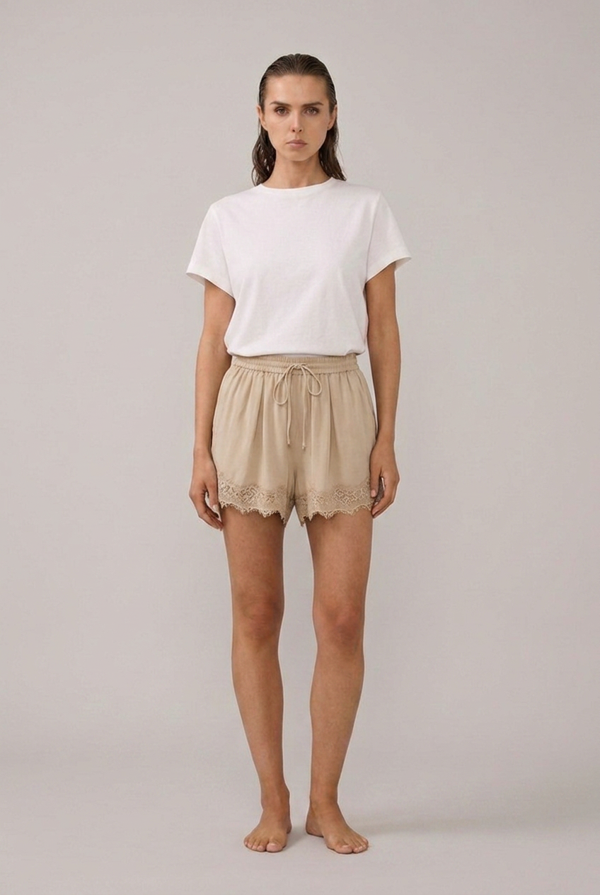 Marlowe Cupro Lace-Trim Drawstring Shorts in Sandstone, front view