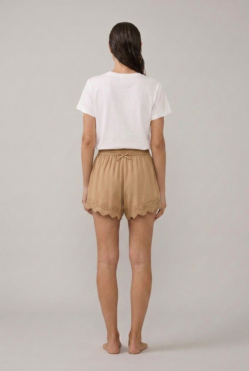 Marlowe Cupro Lace-Trim Drawstring Shorts in Sandstone, back view