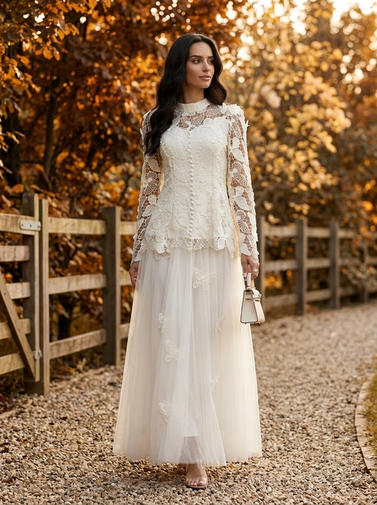 Celestine Butterfly Lace Maxi Dress - White - Front