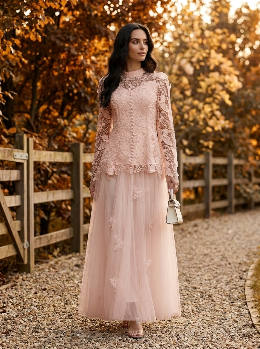 Celestine Butterfly Lace Maxi Dress - Blush - Front
