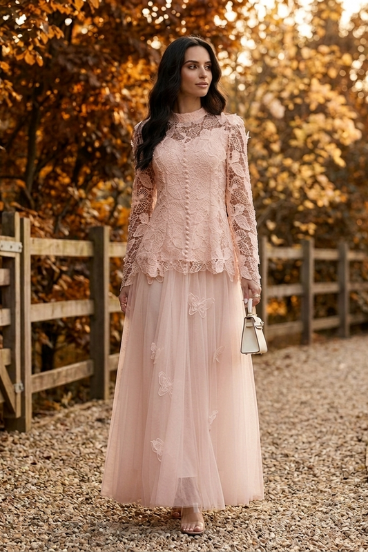 Celestine Butterfly Lace Maxi Dress - Blush - Front
