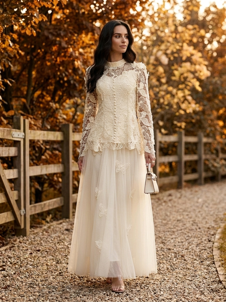 Celestine Butterfly Lace Maxi Dress - Ivory - Front