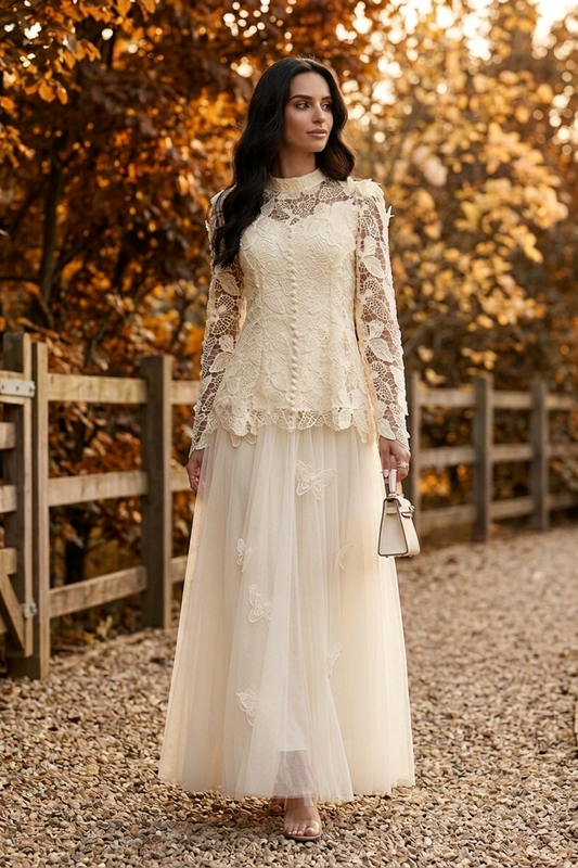 Celestine Butterfly Lace Maxi Dress - Ivory - Front