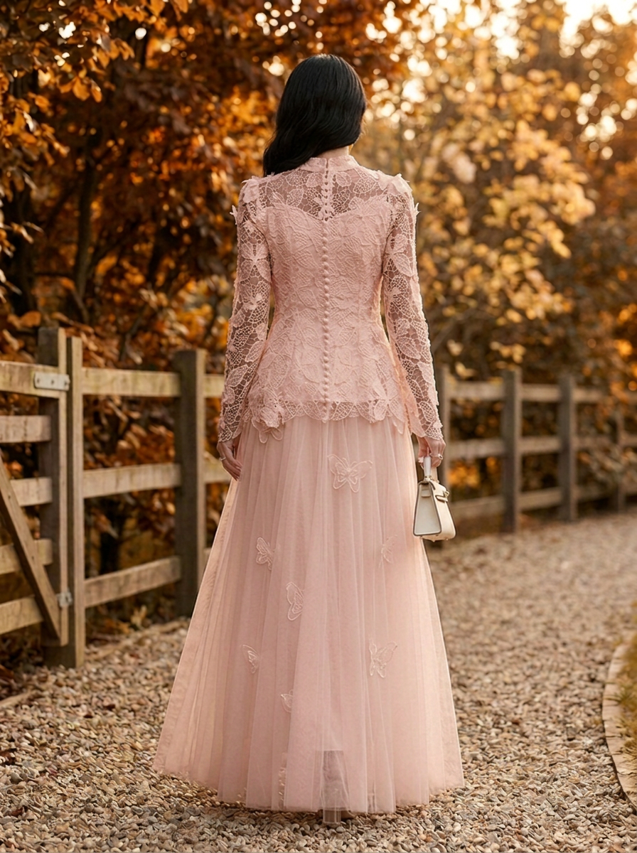 Celestine Butterfly Lace Maxi Dress - Blush - Back