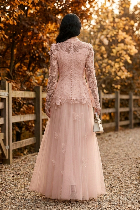 Celestine Butterfly Lace Maxi Dress - Blush - Back