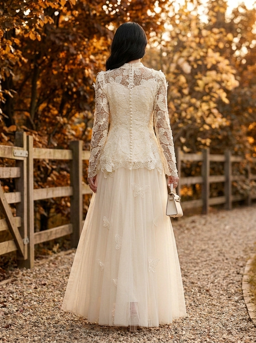 Celestine Butterfly Lace Maxi Dress - Ivory - Back