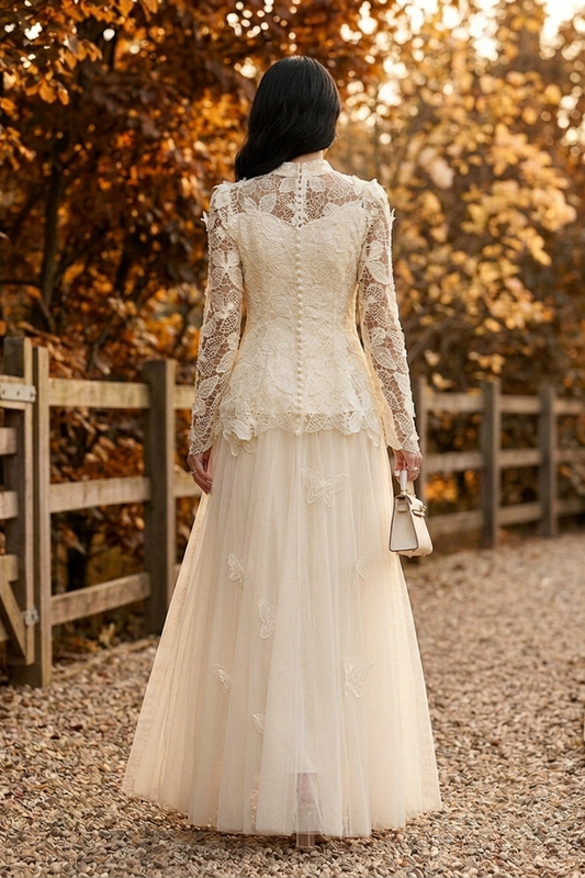 Celestine Butterfly Lace Maxi Dress - Ivory - Back
