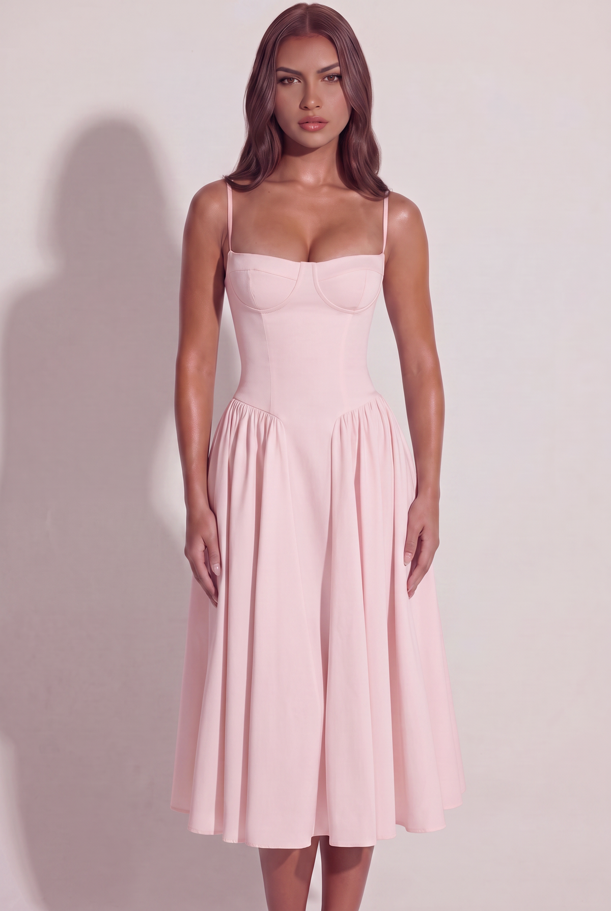 Bianca Sweetheart Bustier Midi Dress - Baby Pink - Front