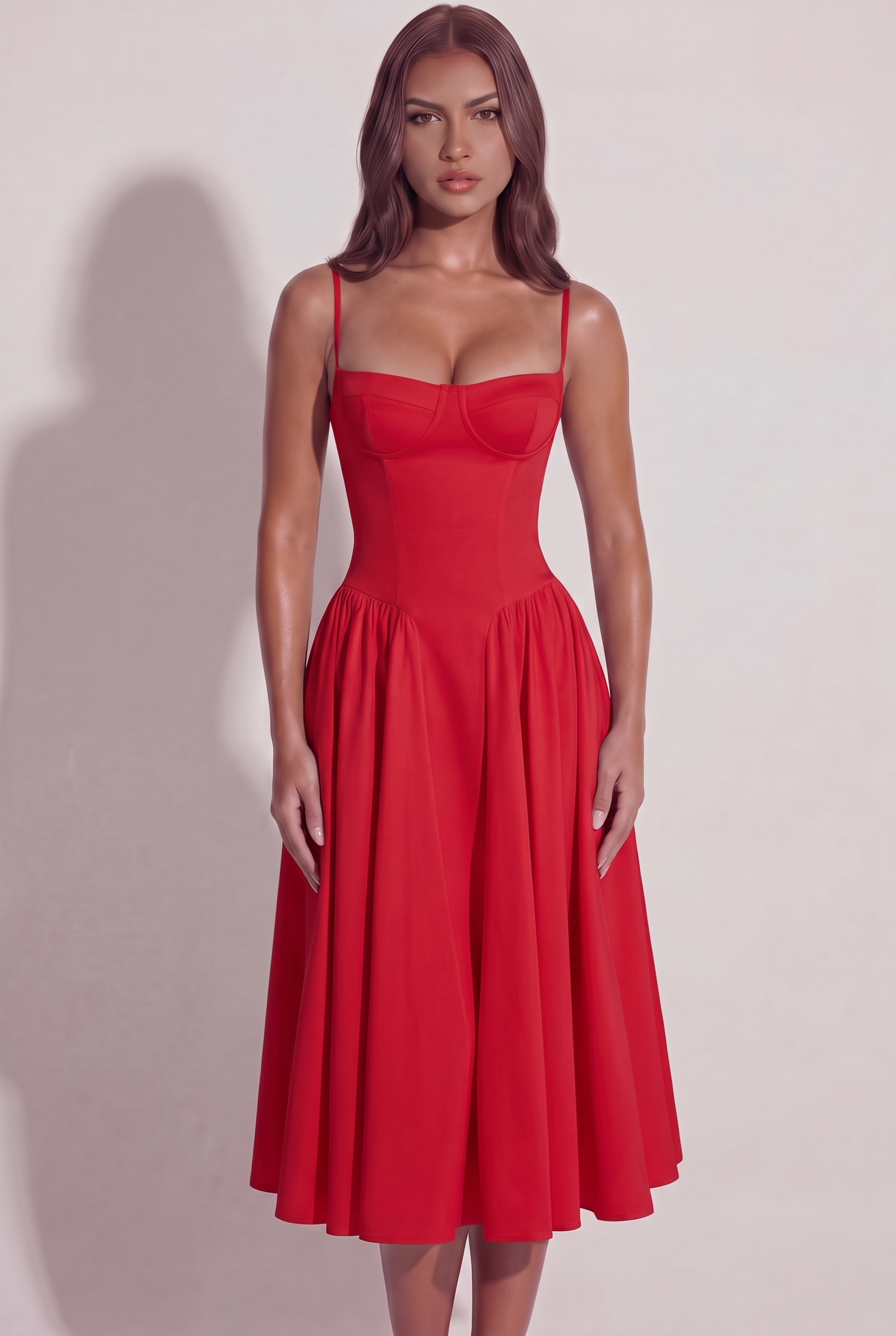 Bianca Sweetheart Bustier Midi Dress - Red - Front