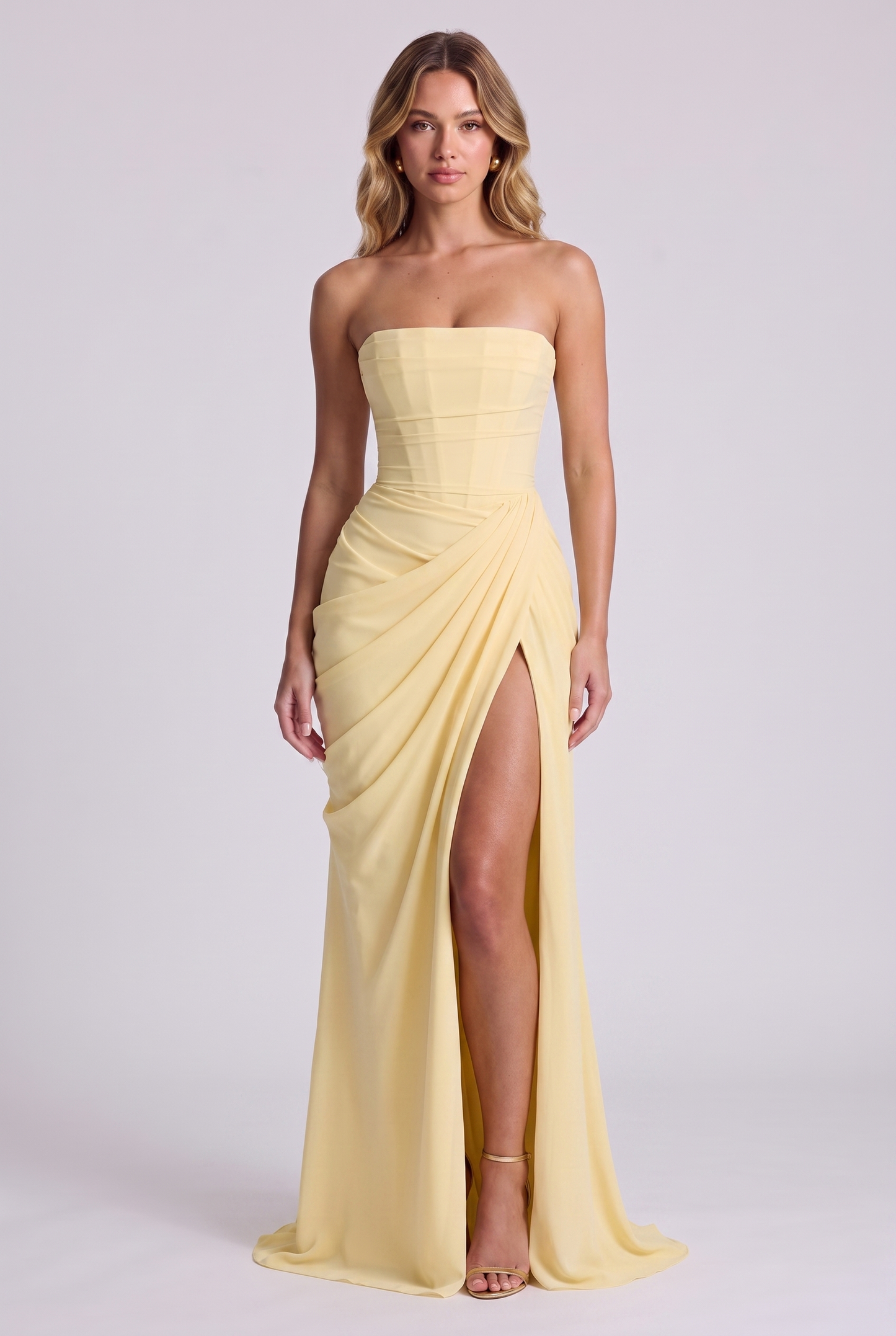 Ophelia Corset Maxi Dress in Lemon - front view