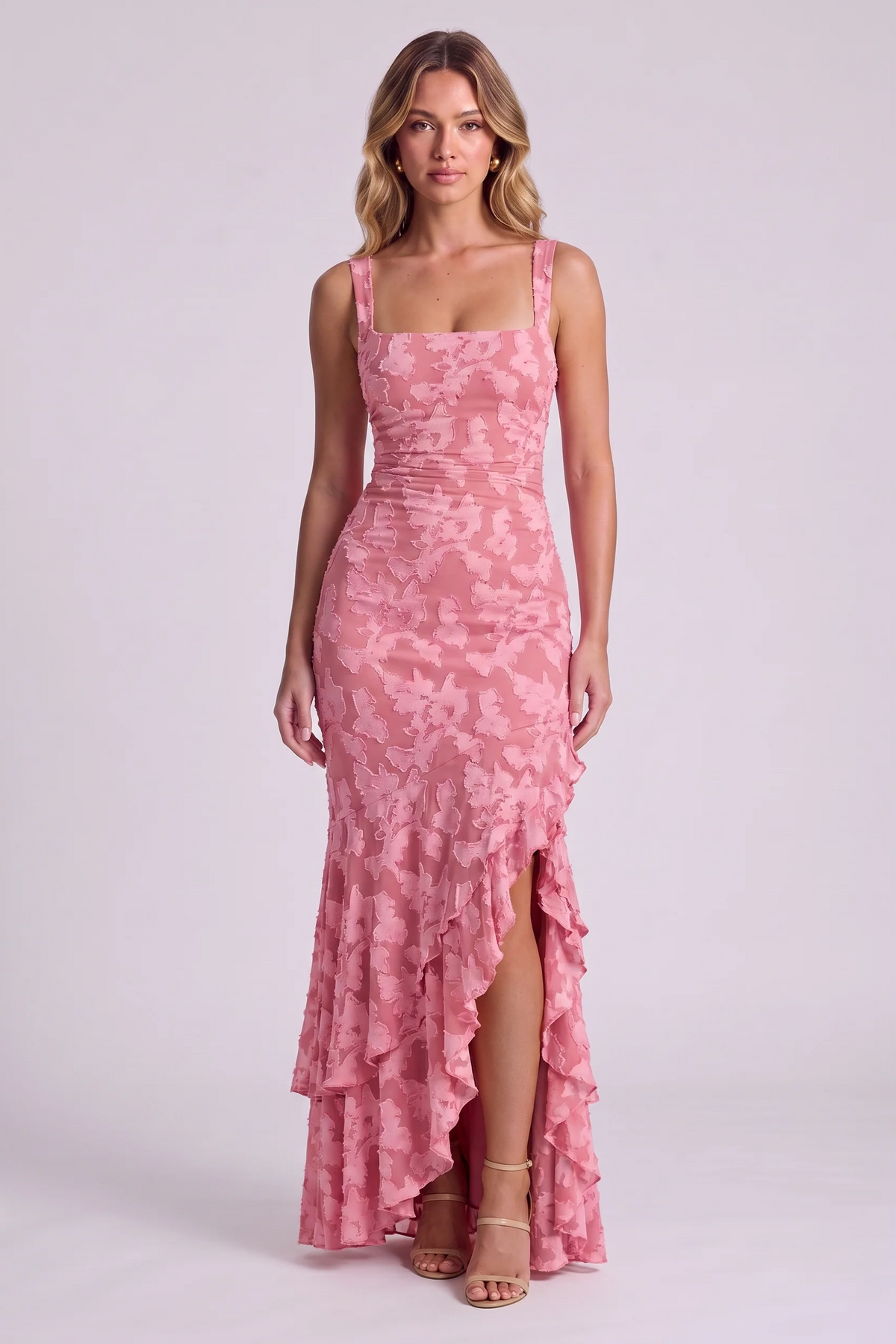 Elowen Floral Ruffle Mermaid Dress in Pink - front view