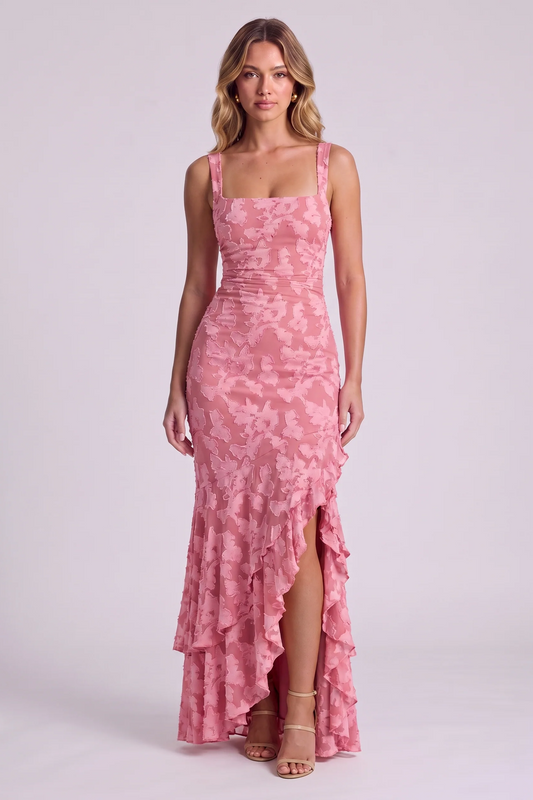 Elowen Floral Ruffle Mermaid Dress in Pink - front view