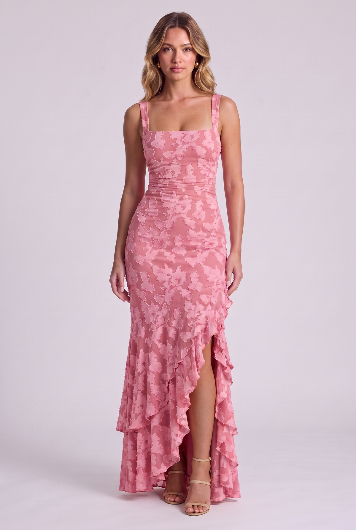 Elowen Floral Ruffle Mermaid Dress in Pink, front view