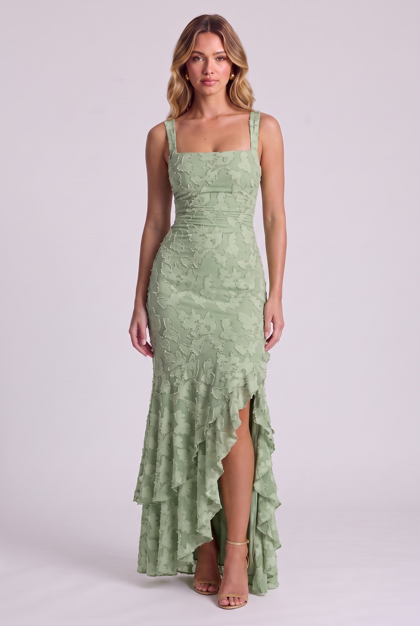 Elowen Floral Ruffle Mermaid Dress in Green, front view