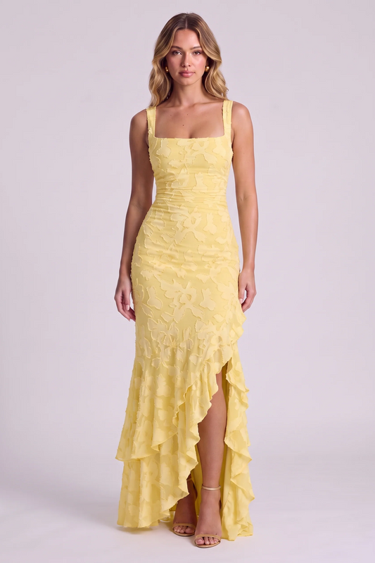 Elowen Floral Ruffle Mermaid Dress in Yellow - front view
