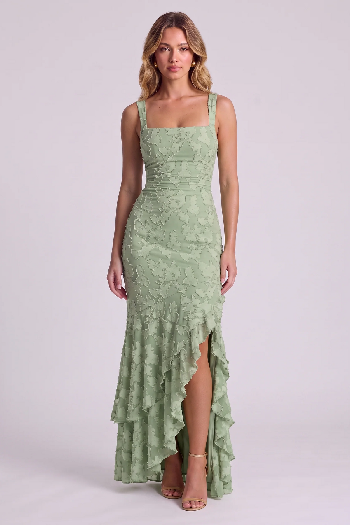 Elowen Floral Ruffle Mermaid Dress in Sage - front view