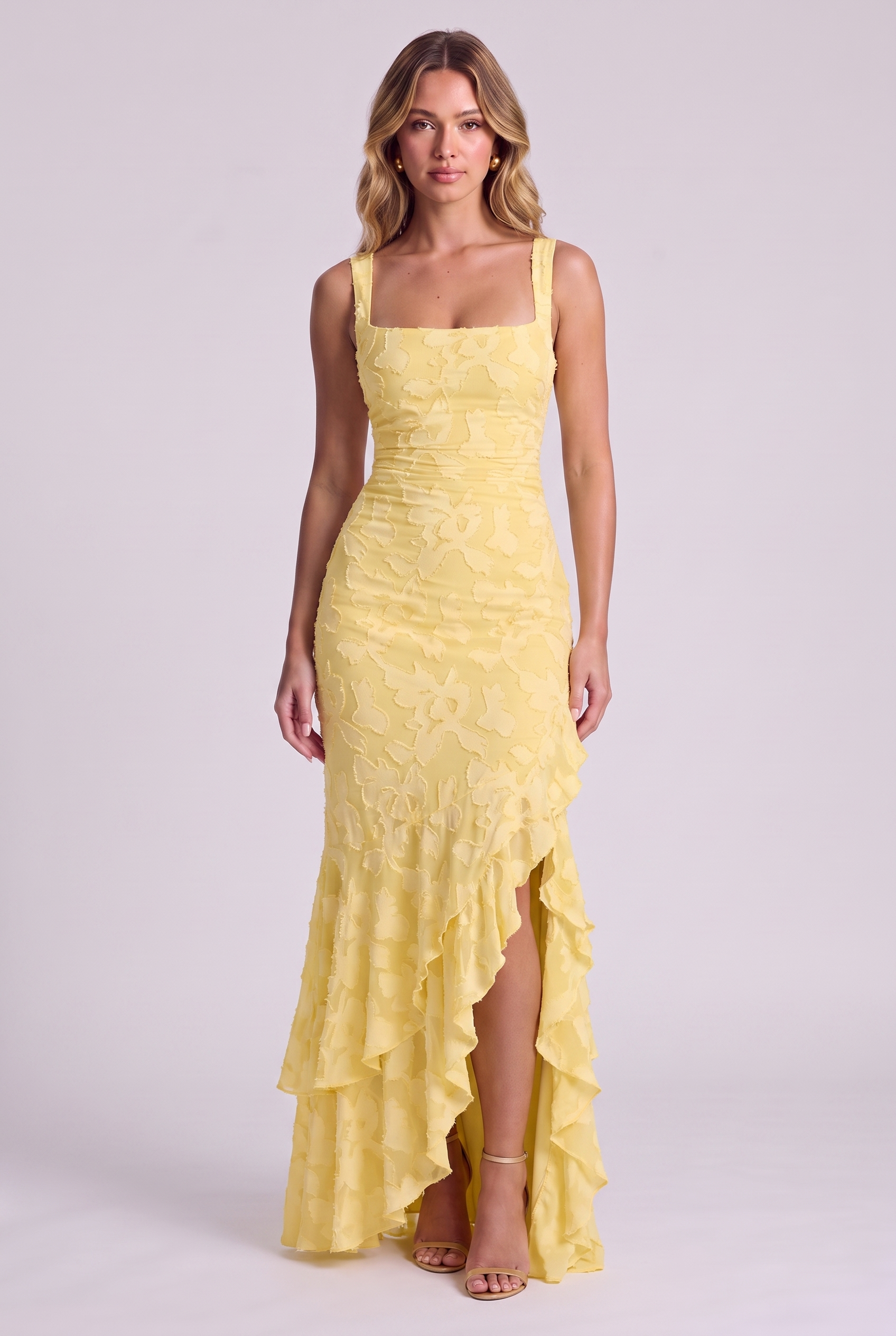 Elowen Floral Ruffle Mermaid Dress in Yellow, front view