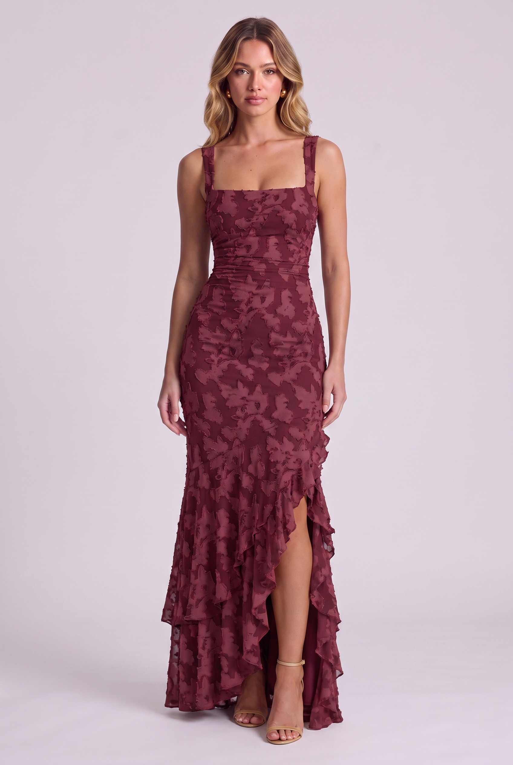 Elowen Floral Ruffle Mermaid Dress in Wine Red, front view