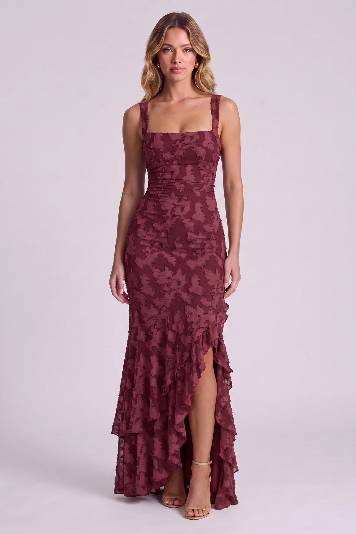 Elowen Floral Ruffle Mermaid Dress in Wine Red - front view