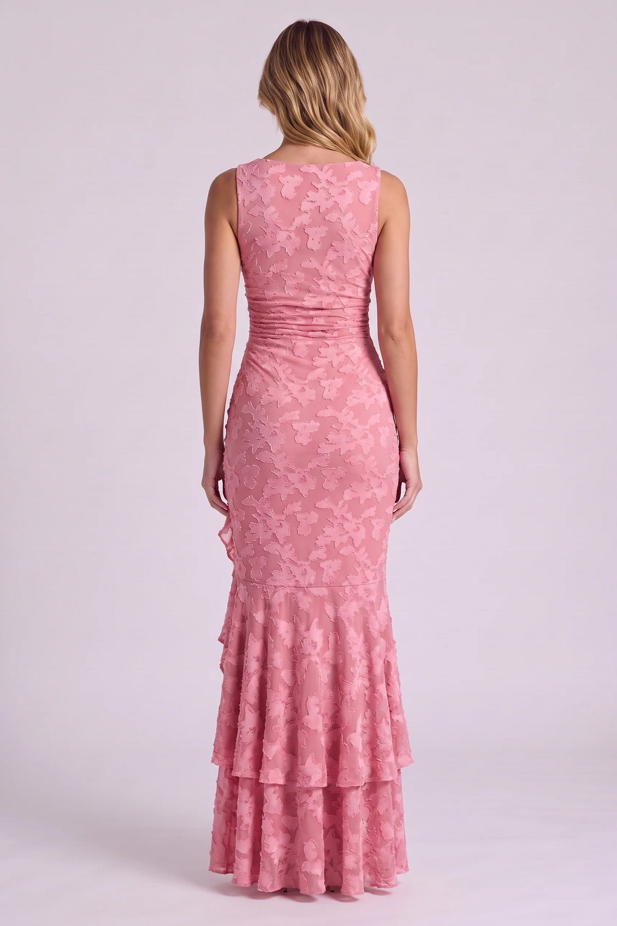Elowen Floral Ruffle Mermaid Dress in Pink - back view