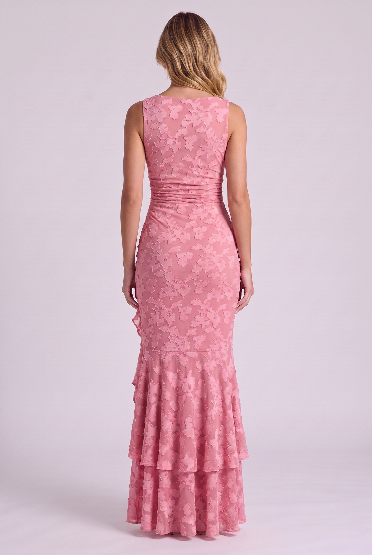 Elowen Floral Ruffle Mermaid Dress in Pink, back view