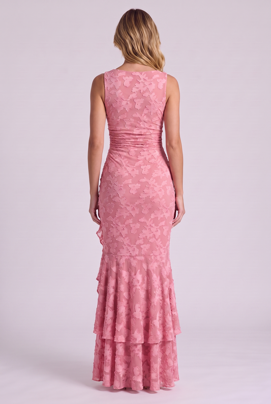 Elowen Floral Ruffle Mermaid Dress in Pink, back view
