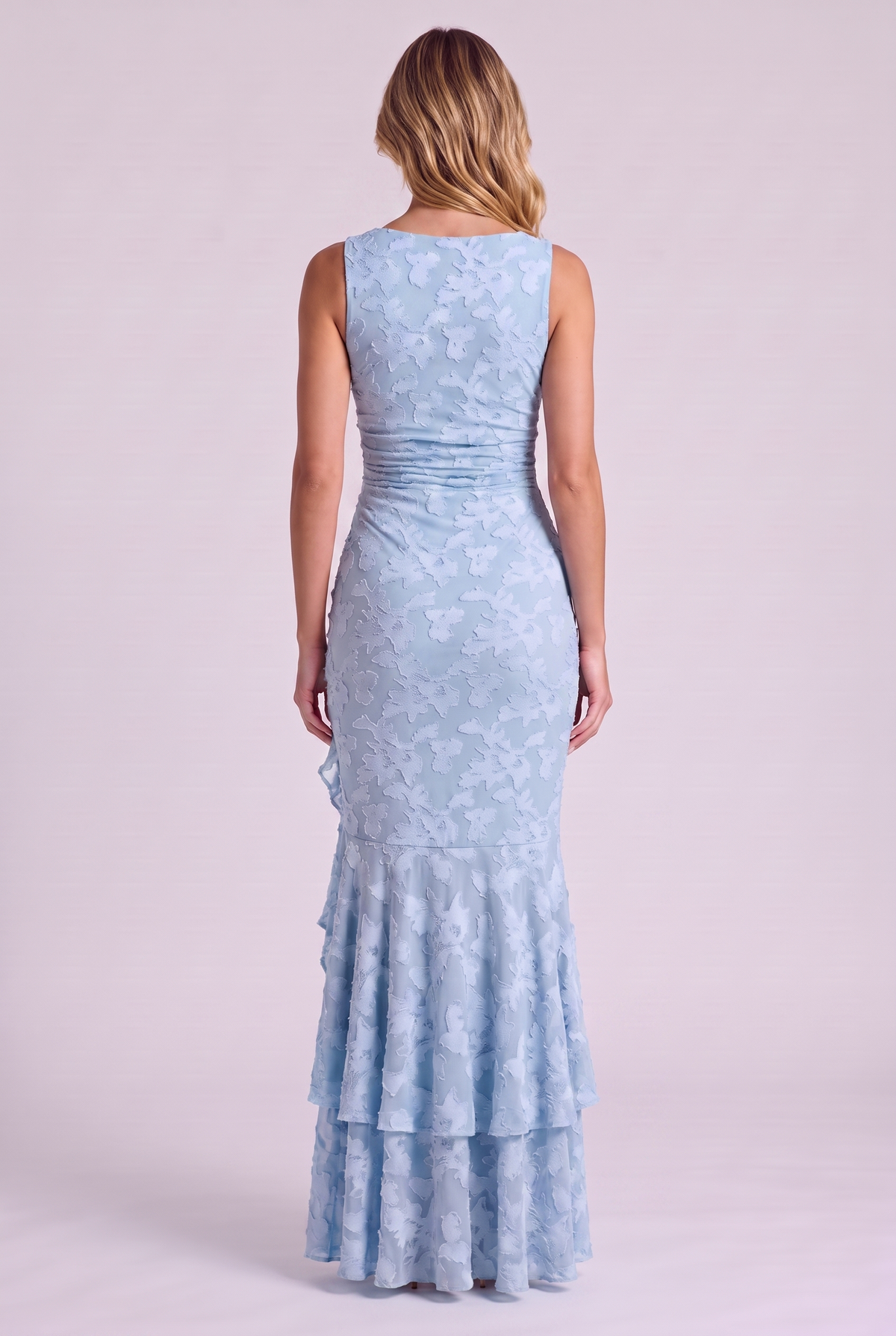 Elowen Floral Ruffle Mermaid Dress in Sky Blue, back view