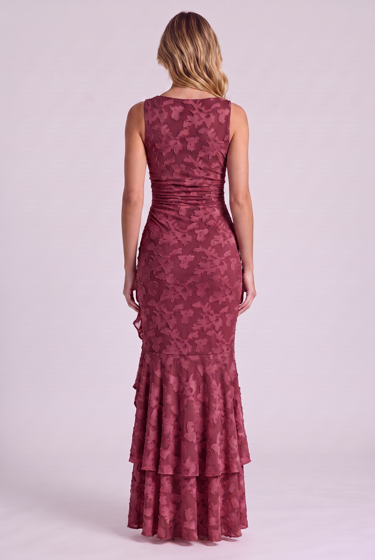 Elowen Floral Ruffle Mermaid Dress in Wine Red, back view