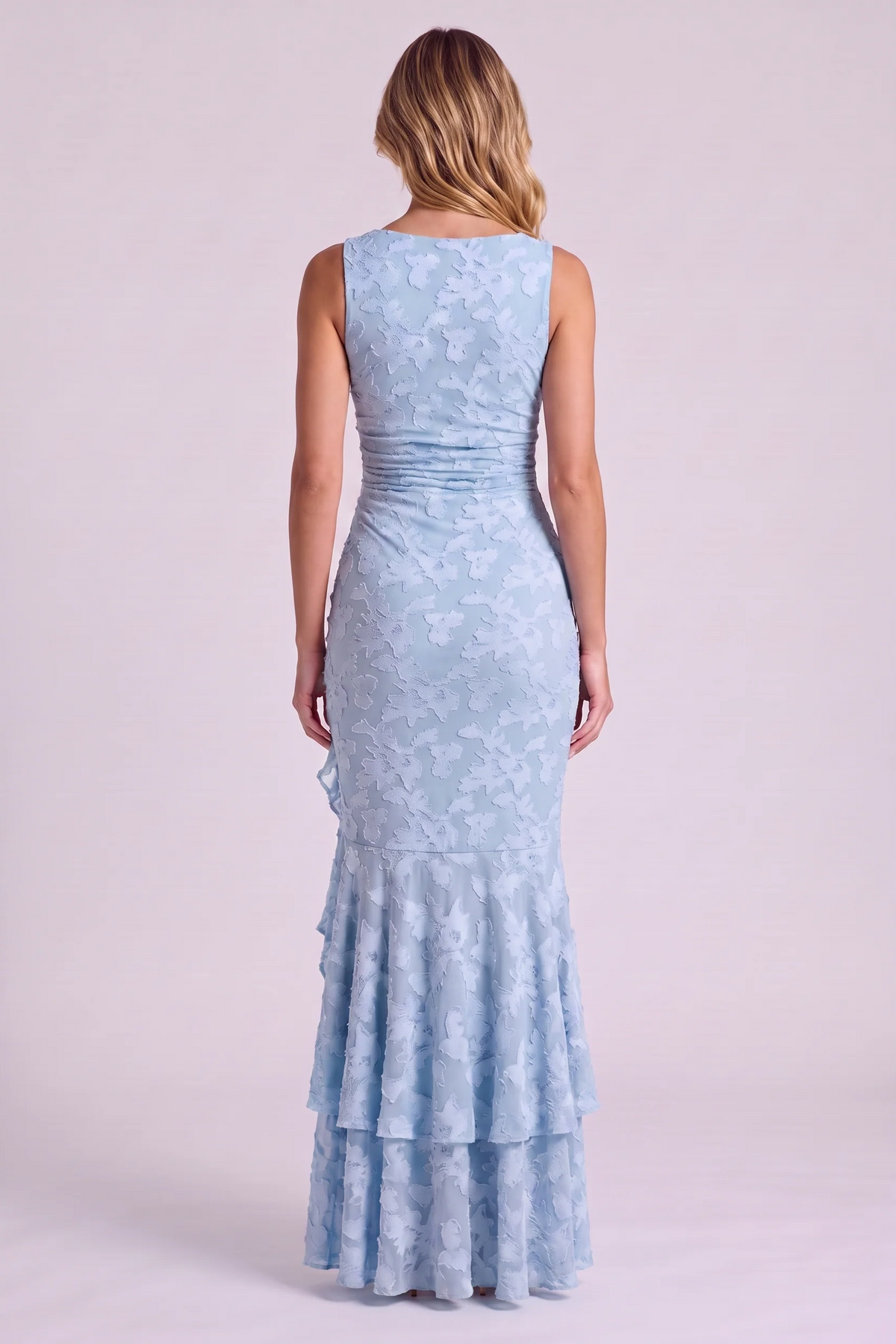 Elowen Floral Ruffle Mermaid Dress in Sky Blue - back view