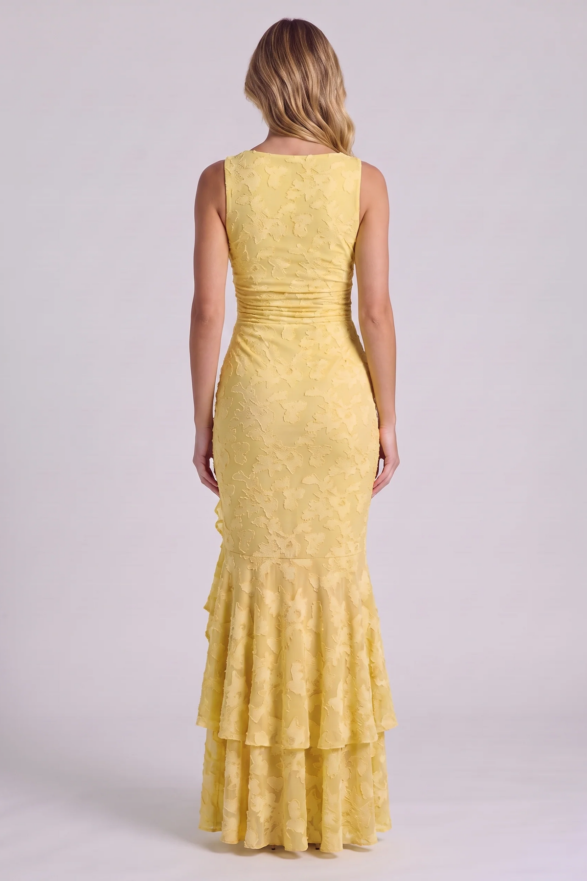 Elowen Floral Ruffle Mermaid Dress in Yellow - back view