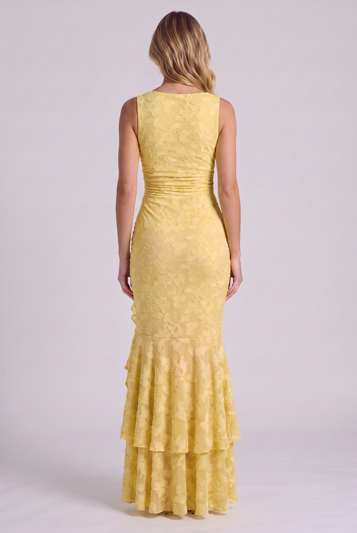 Elowen Floral Ruffle Mermaid Dress in Yellow, back view