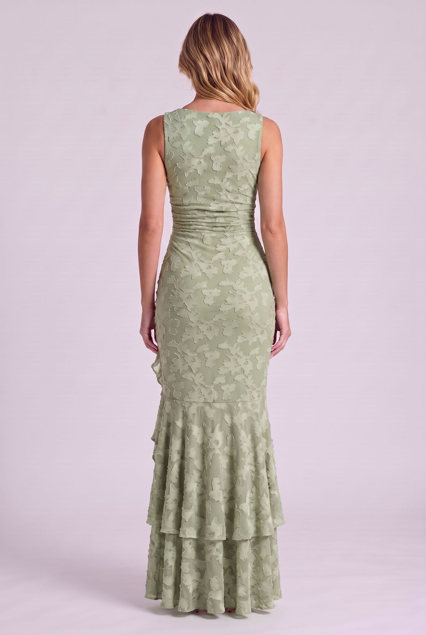 Elowen Floral Ruffle Mermaid Dress in Green, back view