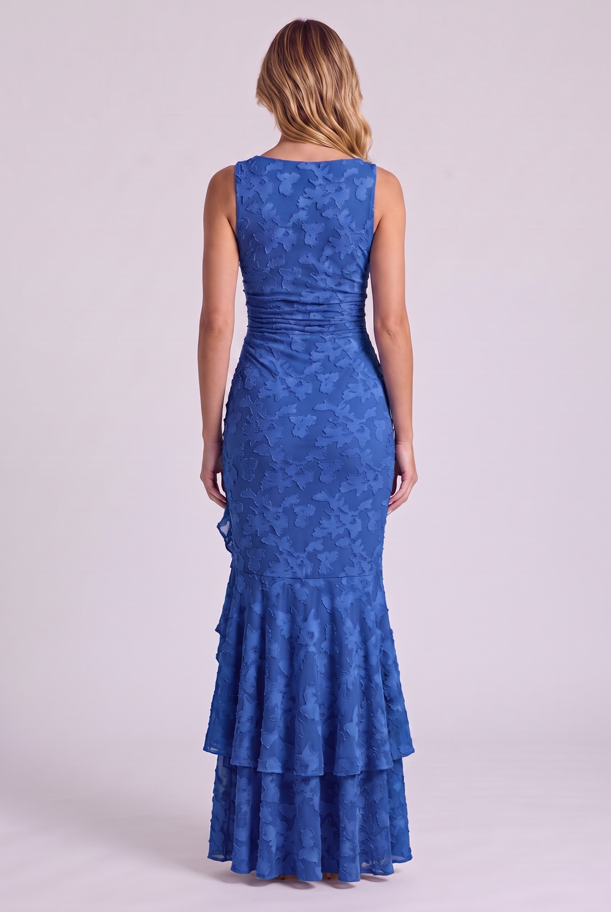 Elowen Floral Ruffle Mermaid Dress in Blue, back view