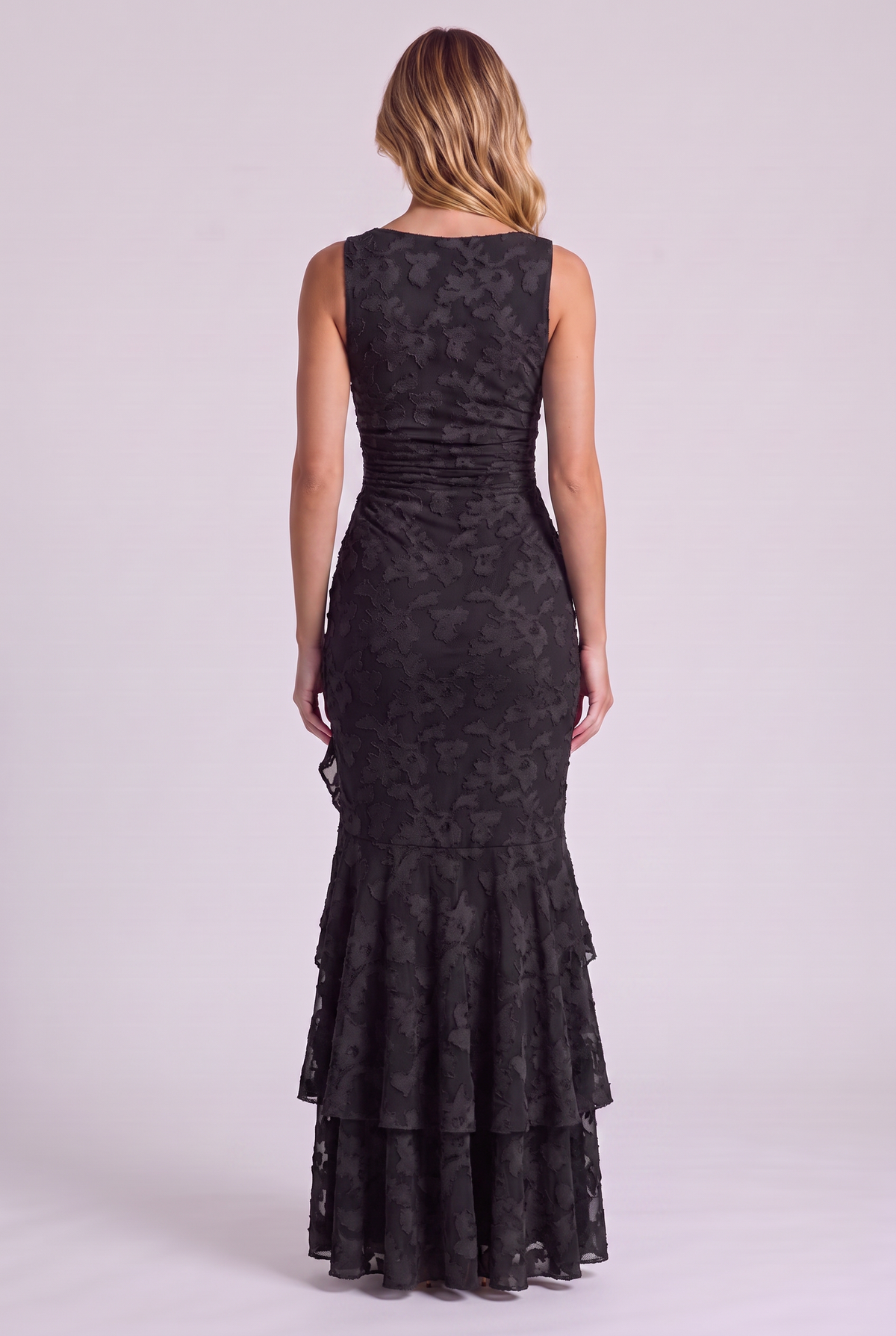 Elowen Floral Ruffle Mermaid Dress in Black, back view