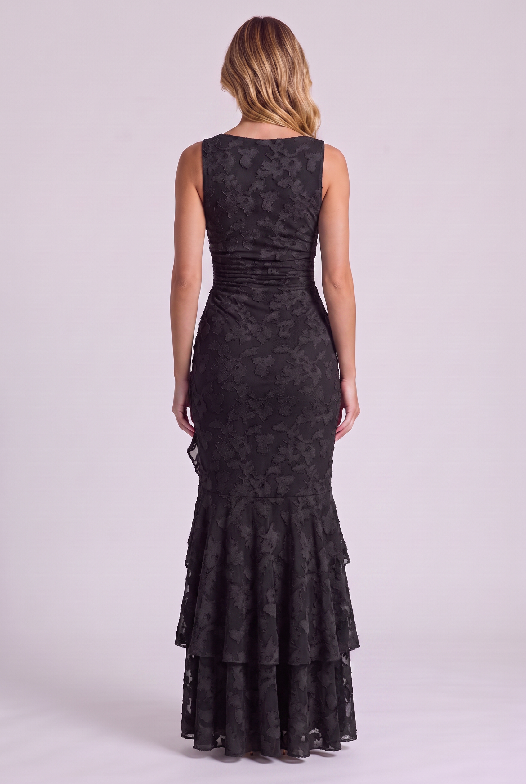 Elowen Floral Ruffle Mermaid Dress in Black, back view
