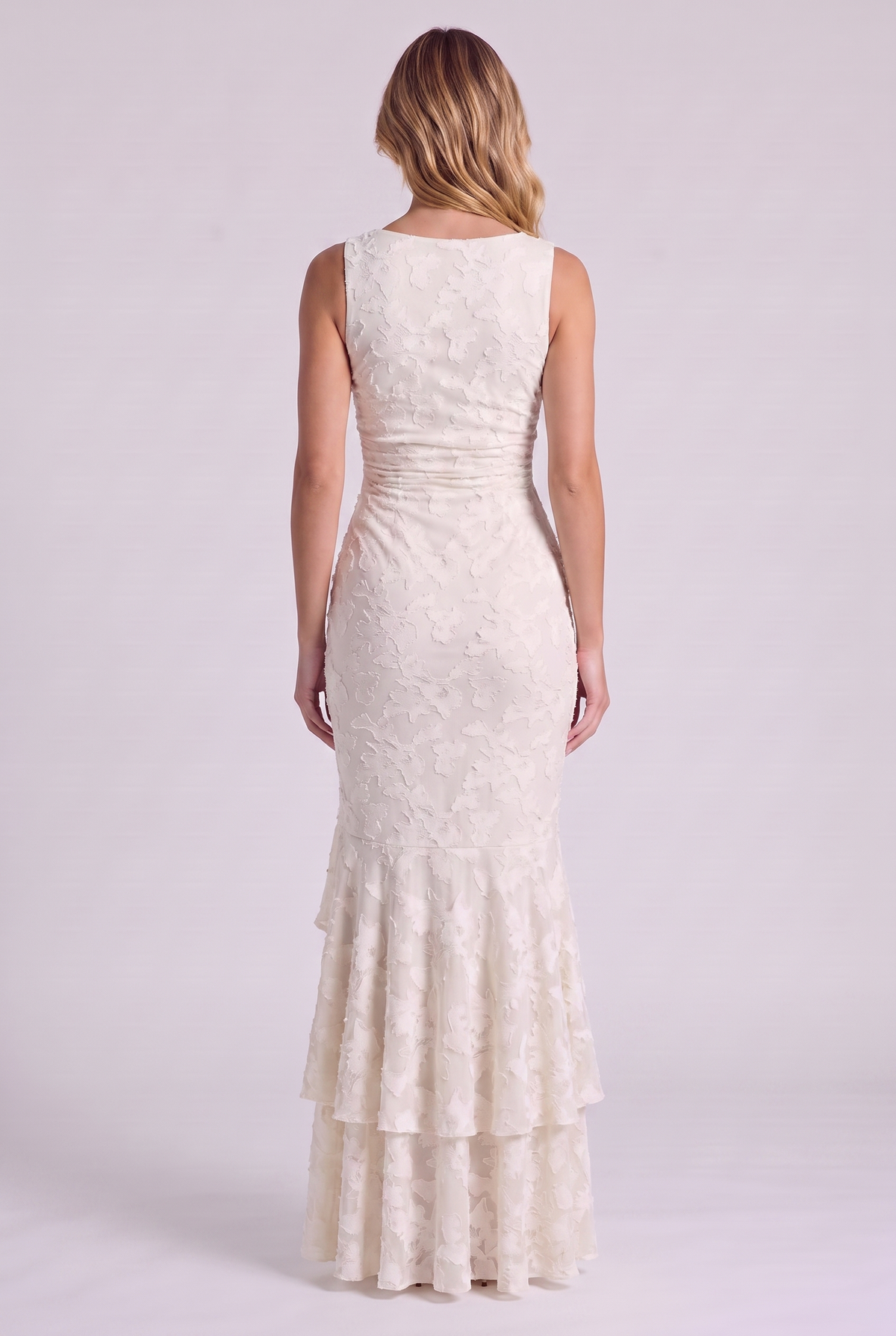 Elowen Floral Ruffle Mermaid Dress in White, back view