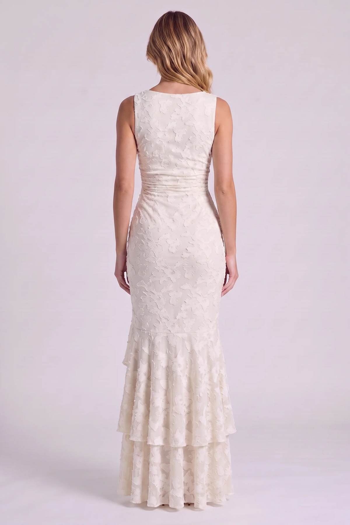 Elowen Floral Ruffle Mermaid Dress in White - back view