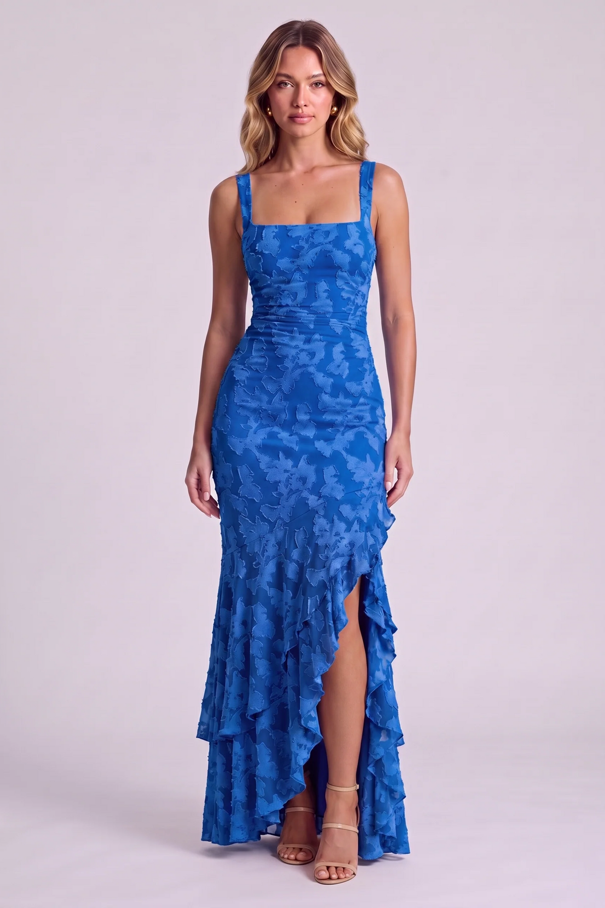 Elowen Floral Ruffle Mermaid Dress in Blue - front view